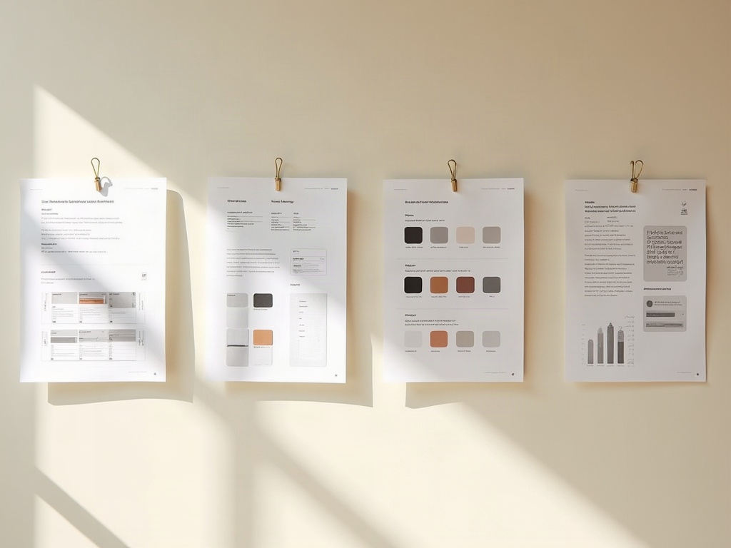 Four design system specification sheets pinned in a row to a warm studio wall, showing type scales and colour swatches