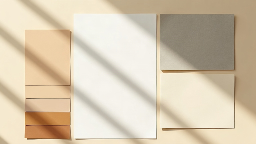 Blank paper stock samples and warm neutral colour swatches laid out on a bone surface in raking afternoon light