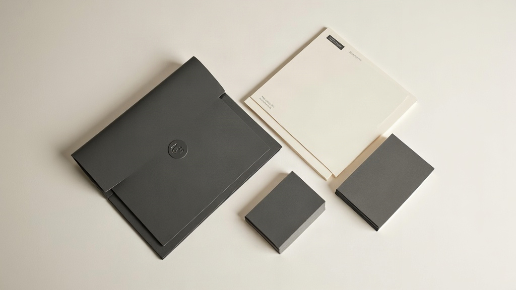 Blind-debossed identity collateral for an investment firm — a charcoal folder, cream letterhead and two card stacks arranged on a bone surface