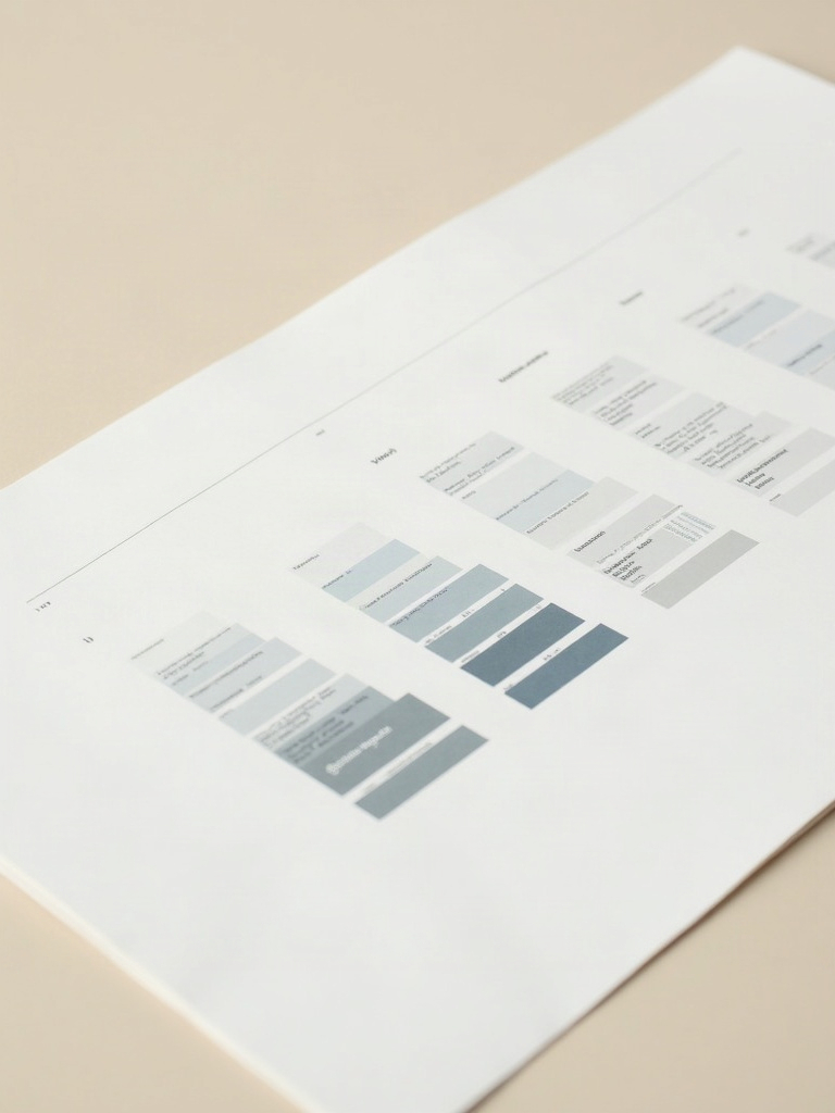 Overhead detail of a printed component sheet — a grid of interface tiles beside a row of muted colour swatch chips