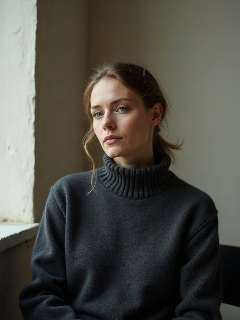 Portrait of Elena Marsh, seated beside a window in a charcoal knit sweater against a bone plaster wall