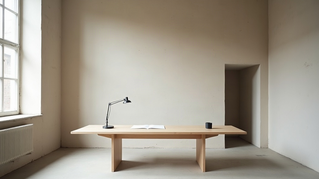 The Meridian studio — a long pale oak worktable in an empty room with bone plaster walls, lit from tall windows on one side