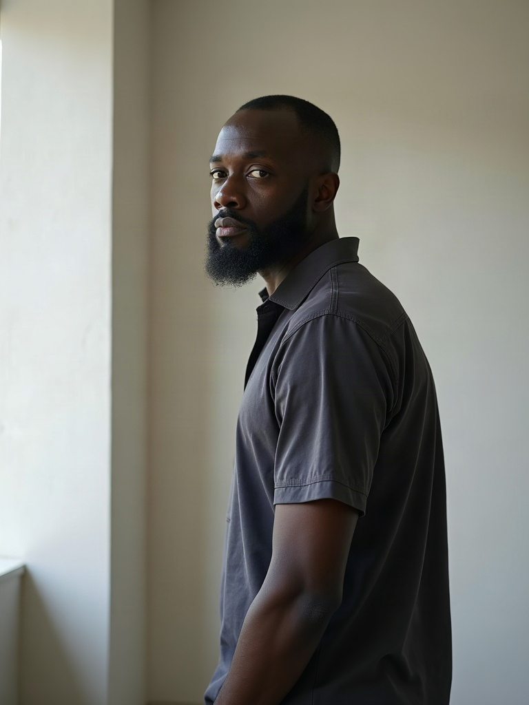 Portrait of Joseph Adeyemi, standing beside a window in a charcoal-grey shirt against a bone plaster wall