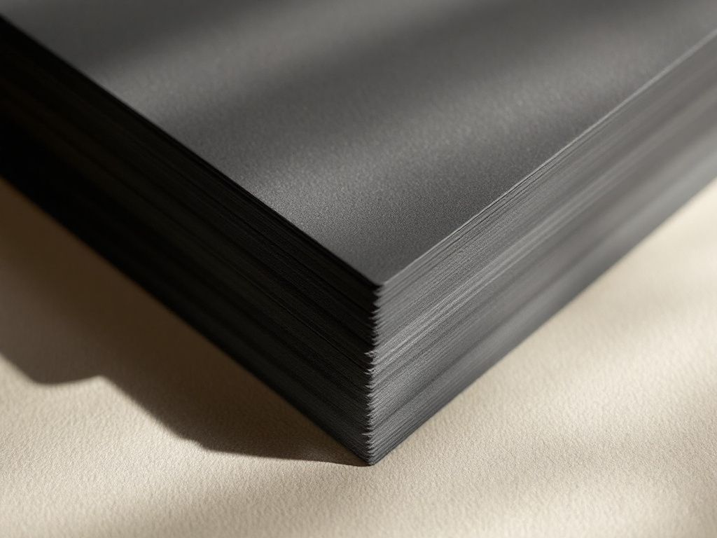 Close detail of a stack of blank charcoal cover stock, edges slightly fanned and lit from the side against a bone surface