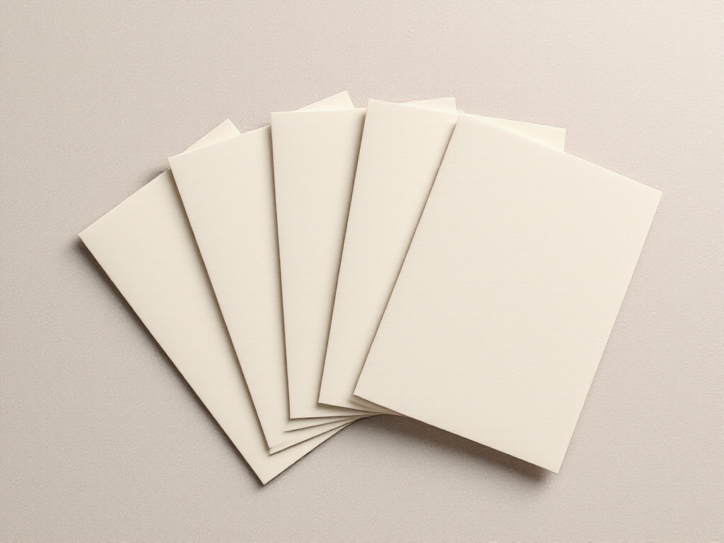 Overhead detail of five blank matte cream cards fanned in a shallow arc on a flat linen surface