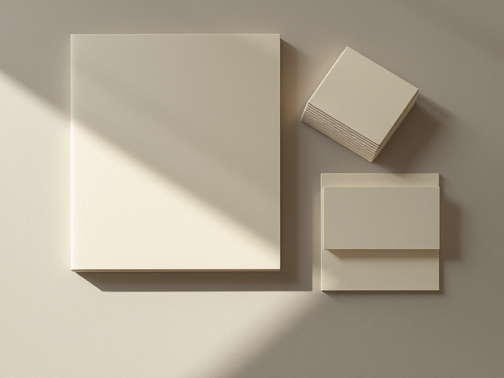 Launch identity collateral — a blank bone booklet, a stack of cream cards and a folded sheet on a stone-grey surface, crossed by one diagonal shaft of daylight